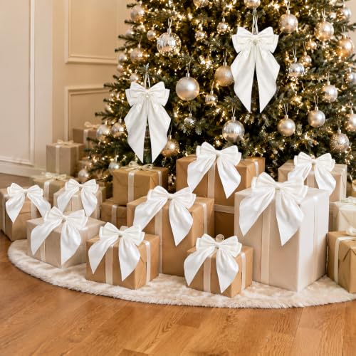 Norme White Satin Bow for Christmas Tree - Long Tail Holiday Decor (12 Pack)