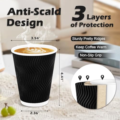 Black Disposable Coffee Cups 12 oz Pack of 500 - No Lids, Insulated Paper