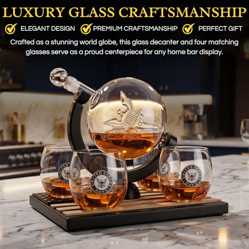 Navy Globe Whiskey Decanter Set with Glasses & Whiskey Stones - Veteran Gift