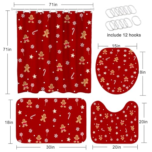 Mocsicka Red Christmas Shower Curtain Set 72x72 Inches with Rugs & Hooks