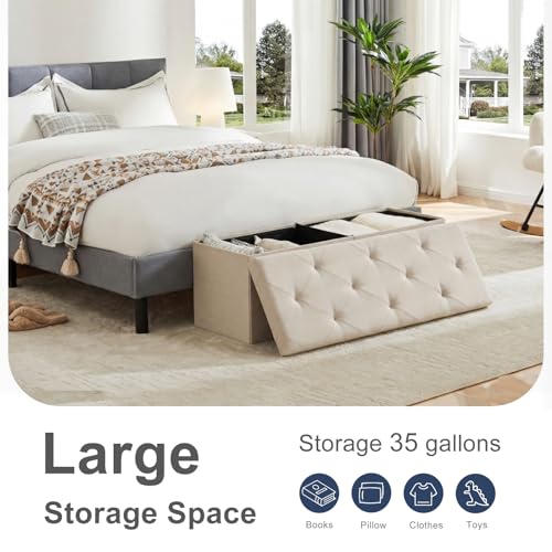 43-Inch Folding Storage Ottoman Bench with Linen Fabric - Soft Beige