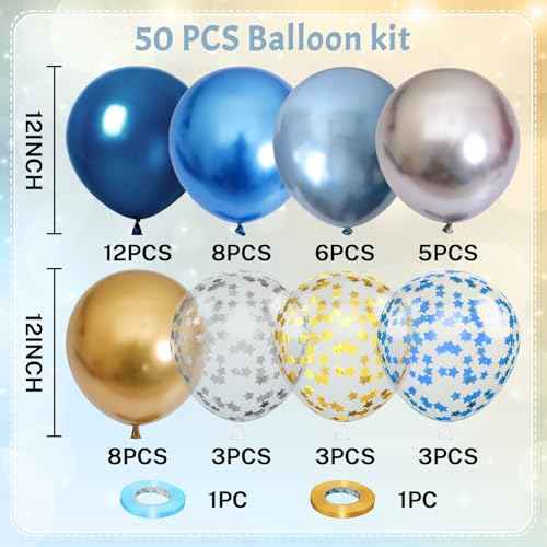 Blue Gold Silver Balloons, 50 PC 12 Inch Metallic Navy Royal Light Blue Silver Gold Balloon With Star Confetti Birthday Balloons Decoration, Kids Party Balloon for Retirement Baby Shower Boys Fathers