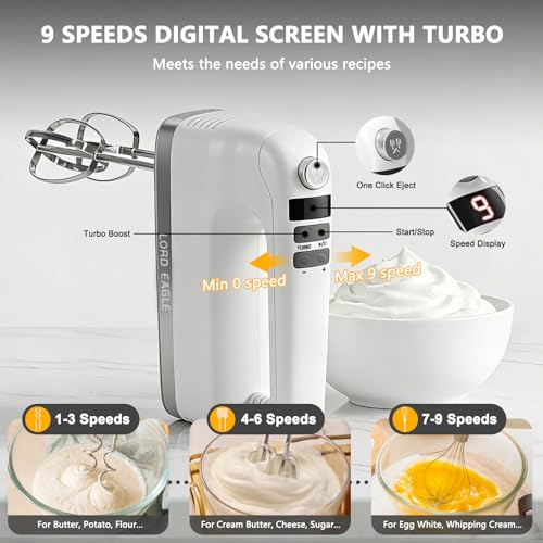 Lord Eagle 9-Speed Digital Hand Mixer Electric Handheld, 500W DC Motor