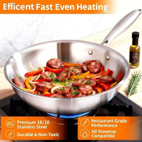 Delarlo 12-Inch Tri-Ply Stainless Steel Wok with Lid - Single Handle