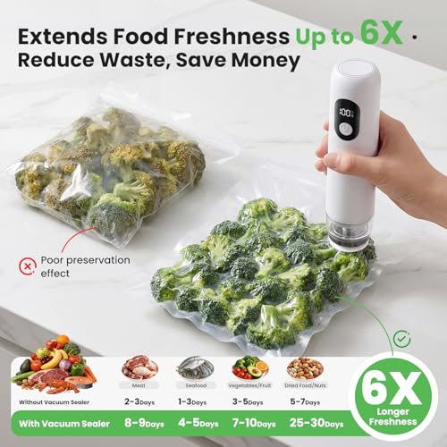 White & Transparent Compact Food Vacuum Sealer Handheld USB-C with 30 Reusable Bags