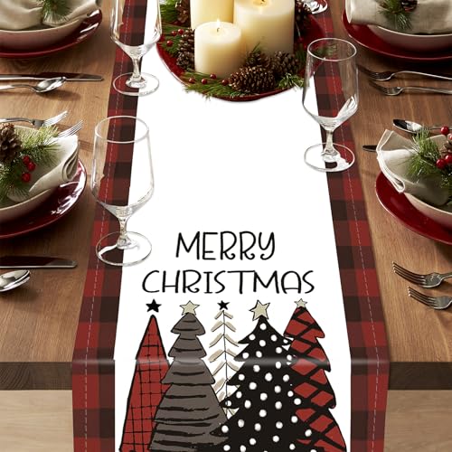 Niviy 13 x 72 Inch Christmas Table Runner Burlap Linen with Buffalo Plaid Trees