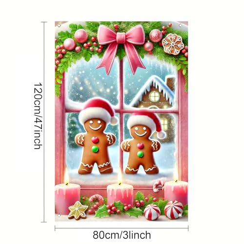 Christmas Window Cover 31x47 Inch Gingerbread Couple Window Decoration with Pink Bow and Scene Holiday Window Banner for Kids Christmas Decor