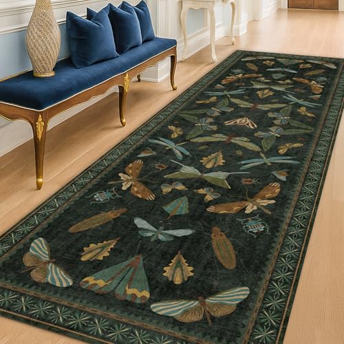 Hazo Haus 8 ft Dark Green Hallway Runner Rug - 2'6'' x 8'' Non-Slip Washable Boho Indoor Floor Mat