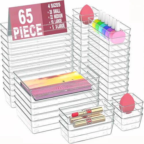 Clear Plastic Drawer Organizer Set 65 Pieces - Multiple Sizes, Vanity & Storage