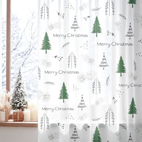 Youleyar Christmas Tree Print Sheer Curtains 72in L, Pack of 2, Green
