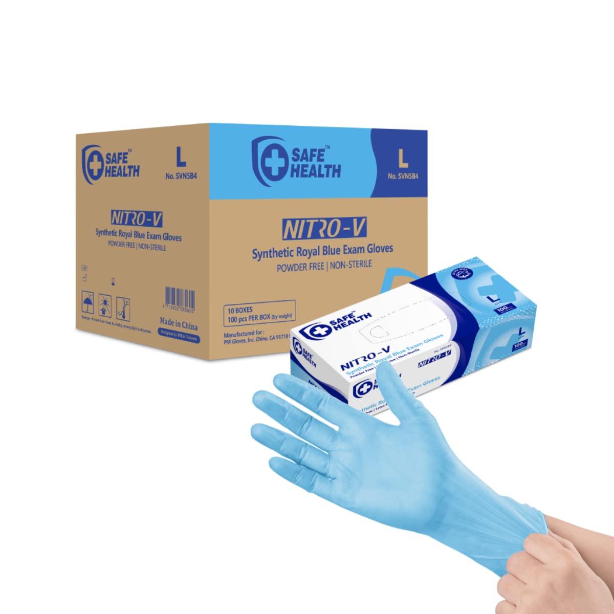 Safe Health NITRO-V Nitrile-Vinyl Synthetic Exam Disposable Gloves, Latex Free, Powder Free, Blue, Case of 1000, Large, Medical Grade, Clinic, Nursing, Food, Hair Salon, Cleaning, Housework