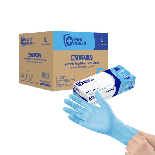 Safe Health NITRO-V Nitrile-Vinyl Synthetic Exam Disposable Gloves, Latex Free, Powder Free, Blue, Case of 1000, Large, Medical Grade, Clinic, Nursing, Food, Hair Salon, Cleaning, Housework