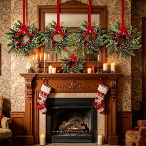 YLOLUL 12 Pcs Mini Christmas Wreaths with Ribbon - 9 Inch Holiday Kitchen Decorations