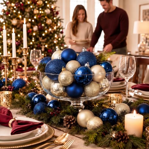 Junkin Navy Blue & Gold Christmas Ball Ornaments Set - 24 Pcs, 2.36" & 3.15"