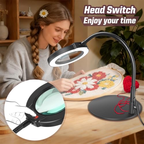 Black 10X Magnifying Lamp with 16.5in Flexible Gooseneck & Dimmable LED for Crafts & Precision Work