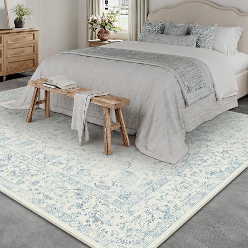 Blue 6x9 Washable Non-Slip Vintage Area Rug for Living Room - Low Pile