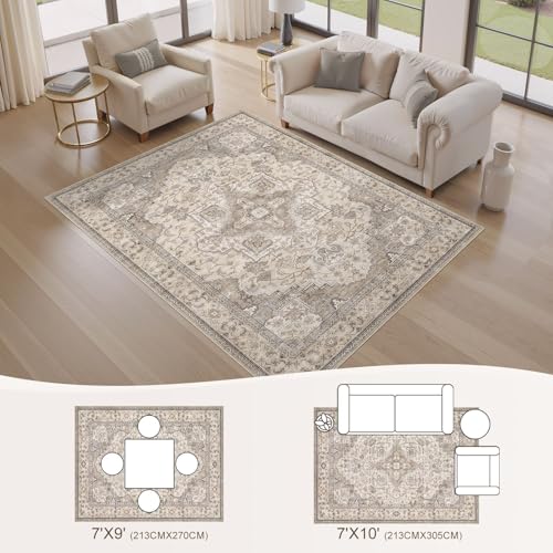 EIEIHOUSE 7x9 Rectangular Washable Vintage Area Rug for Living Room Brown/Multi