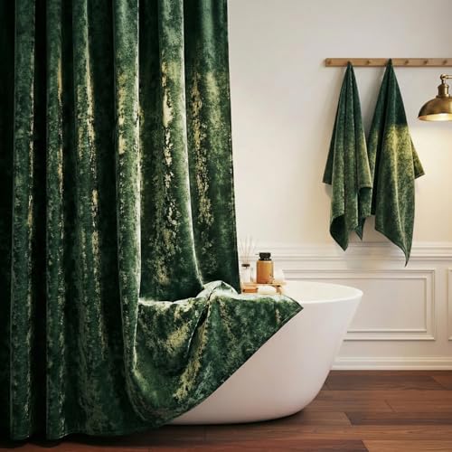 TAMGHO Extra Long Dark Green Velvet Shower Curtain Set with Gold Hooks, Waterproof 84 Inch