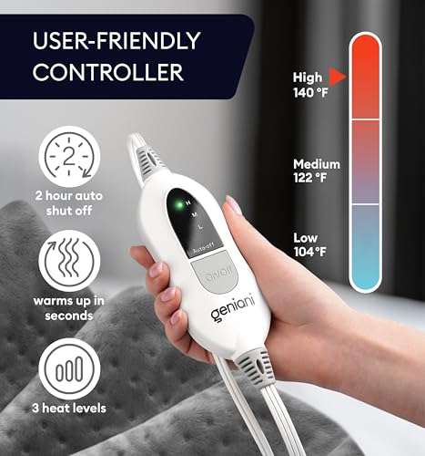 GENIANI Electric Heating Pad for Back & Neck Pain Relief, 12x24 Tabby Gray