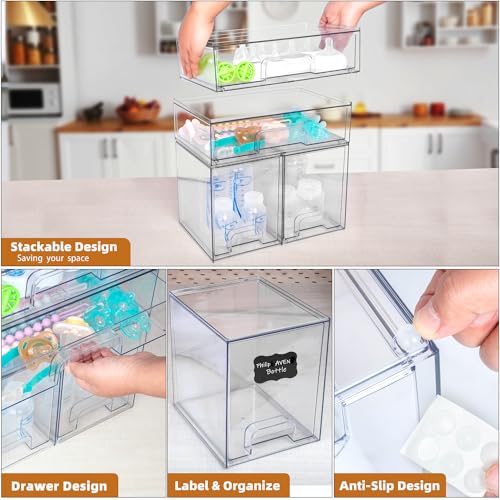 Baby Bottle Organizer 4-Pack Stackable Acrylic Drawers with Labels - 2 High+2 Wide Variation