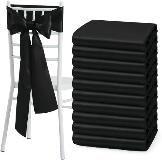 Skiennix Black Satin Chair Sashes - Elegant Bows for Weddings & Events | 6 x 108 Inch