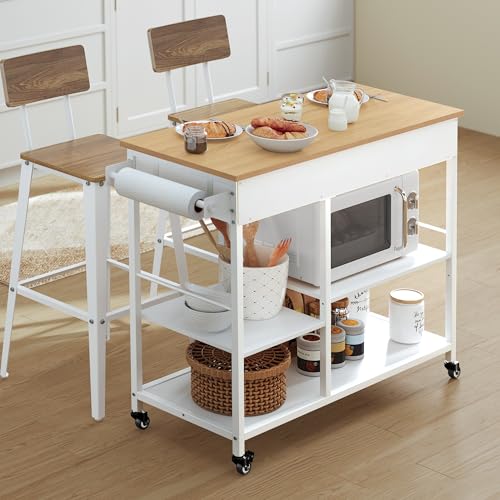 VASAGLE Kitchen Island Cart with Storage, 2 Drawers & Towel Rack - Oak Beige White, 17.7D x 38.8W x 35.4H