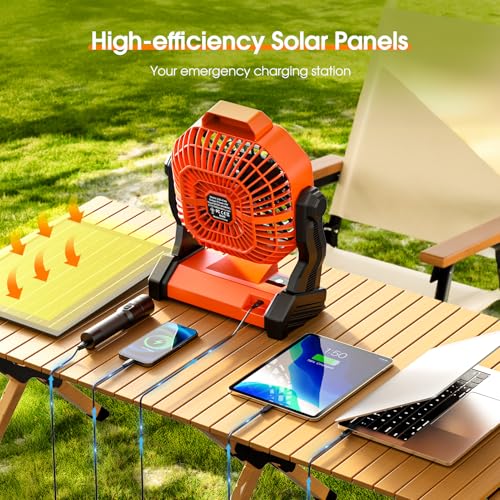 Orange Solar Powered Fan with 12-40H Runtime and LED Lantern – 8-Inch Portable Camping Fan