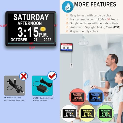 Véfaîî 11.5 Inch Digital Wall Clock with 19 Alarms Auto DST & Reminders — Large Display for Seniors & Home Use