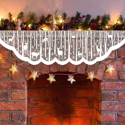 White Christmas Fireplace Mantel Cover ? Lace Reindeer Snowflake Mantle Scarf Garland Runner Decor - Xmas Fireplace Decorations for Living Room ? Winter Holiday Birch Tree Snow Woodland Mantel Scarf