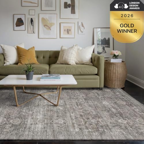Washable 5x7 Taupe Grey Area Rug - Boho Floral Geometric Pattern for Living Room & Bedroom - Non-Slip Backing