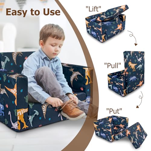 Kids Couch Dinosaur 2-in-1 Foldable Toddler Sofa & Bed for Play & Rest