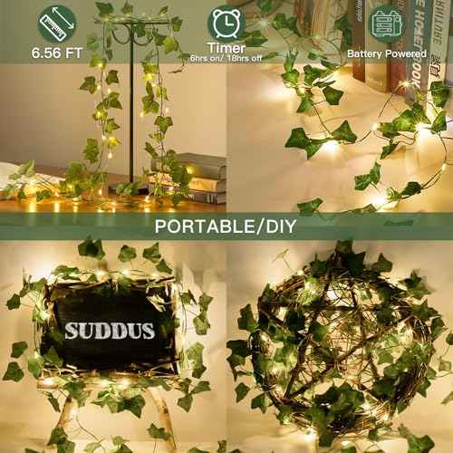 suddus Vines with Lights Battery Operated, 20 LED 6.56FT Fairy Lights Leaves with Timer, Ivy Vines String Lights for Bedroom,Classroom,Dorm, Wall, Garden, Party, Christmas£¬Wedding Decor (Warm White)