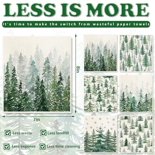 Christmas Watercolor Forest Pine Tree Kitchen Towels - 6 Pack, Reusable Cotton Dishcloths