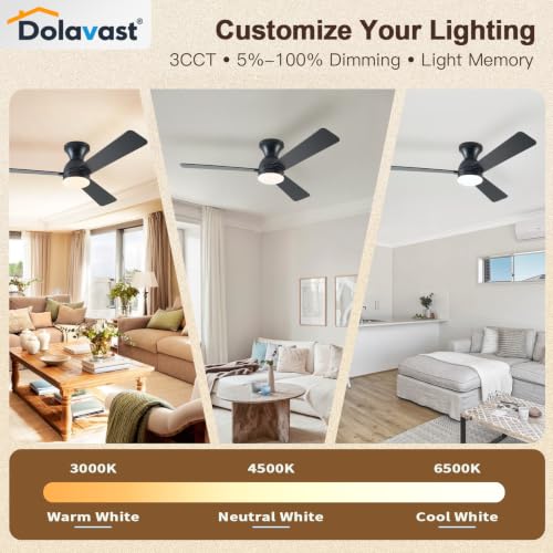Black 48 Inch Low Profile Ceiling Fan with Light and Remote – Reversible, Dimmable LED, Flush Mount
