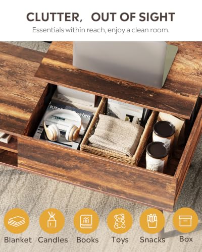 WLIVE Classic Brown Lift Top Coffee Table with Hidden Storage & Adjustable Shelf - 39"