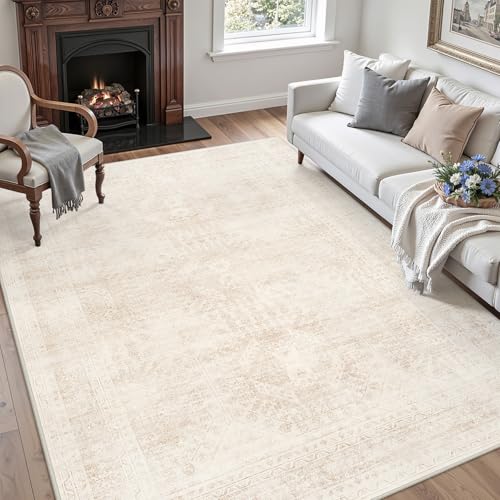 Luxturiy 6x9 Beige Area Rug - Machine Washable Low-Pile Living Room Carpet