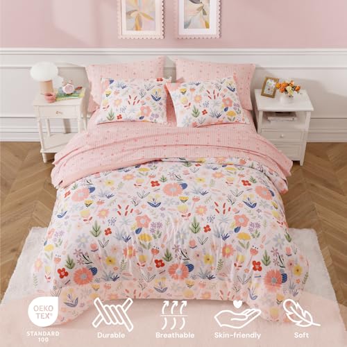 Full Size Pink Floral Comforter Set with Aster Flower Pattern - 7 Pieces, Girl's Bed in a Bag