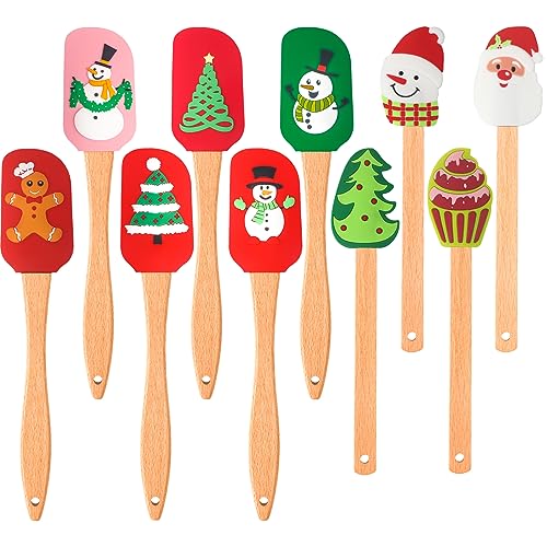 Patelai Christmas Silicone Spatulas with Wooden Handles, 10 Pack - Holiday Kitchen Utensils