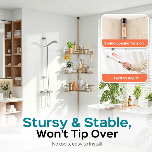 HAMITOR No-Drill Corner Shower Rack - 4-Tier Rustproof Tension Pole, Khaki, Wire Baskets