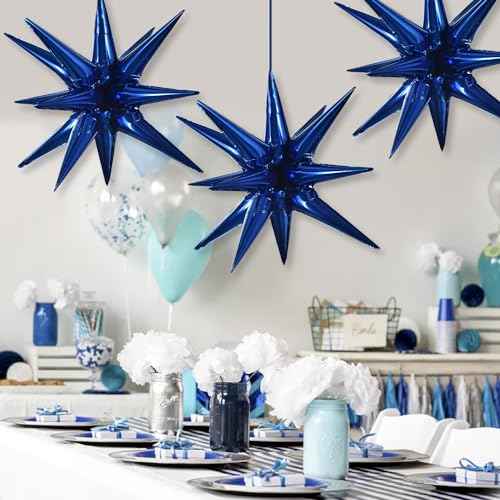 TONIFUL 4 Pcs 22inch 4D Navy Blue Explosion Star Mylar Balloons 14Point Star Balloons for Party Backdrop Christmas,New Year Birthday, Wedding Baby Shower Anniversary Photo Booth Supplies