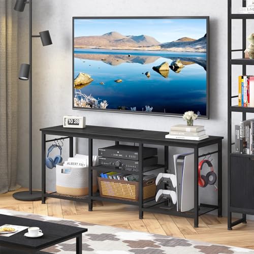 YGEOMER TV Stand for 55 Inch TVs with Outlets - Black, 47.2W x 11.8D x 21.6H, Includes Outlet & Cable Management