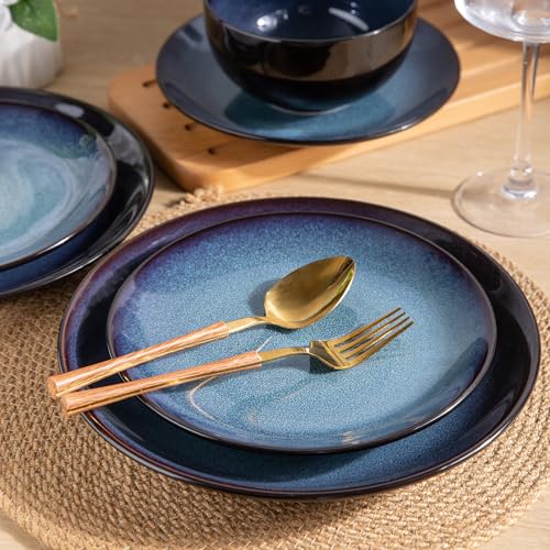Ceramic Dinnerware Set for 4 - 12 Pieces, Blue, Includes Plates & Bowls - Elegant & Safe