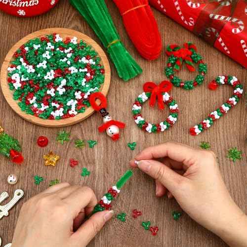 UPINS Christmas Beaded Ornament Kit, 52 Set Christmas Beaded Crafts Ornament Kit Mini Tree Snowman Candy Cane Wreath Make DIY Accessories for Hanging Wreath Cane Jewelry Making