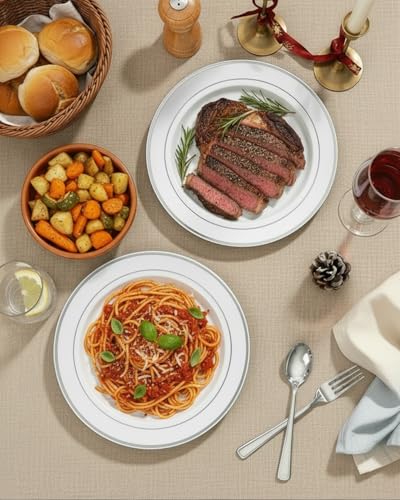 bUCLA 100 Pieces Silver Rim Plastic Dinner Plates 10.25in - Disposable Wedding & Party Plates