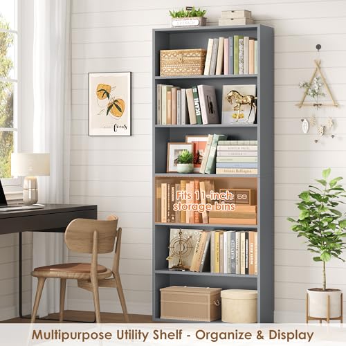 Tall Bookshelf with 6 Open Shelves - Dark Gray Bookcase, Modern Storage