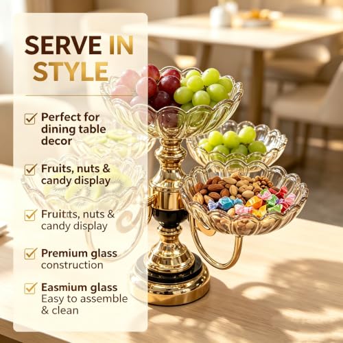 Rotatable 5 Plate Amber Glass Fruit Serving Stand with Gold Metal Frame