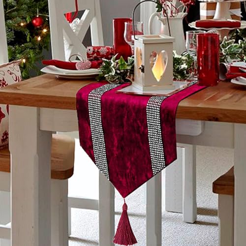 Jiino Burgundy Sequin Velvet Table Runner 13x72 Inches for Holiday & Dinner Decor