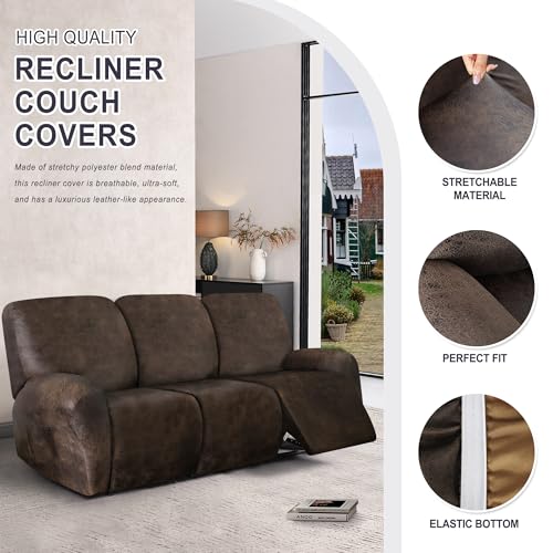 ANARACHON Brown 3-Seater Leather Look Recliner Couch Cover, 8-Piece Stretch Slipcover