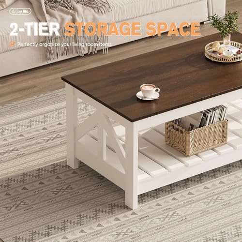 YESHOMY Farmhouse Coffee Table with Storage - Brown & White, Rectangular