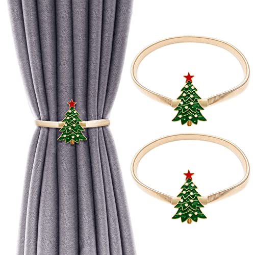 Tree Christmas Curtain Tiebacks - Aluminum Alloy Holdbacks with Elastic Cord (2 Pack) LLPMutu